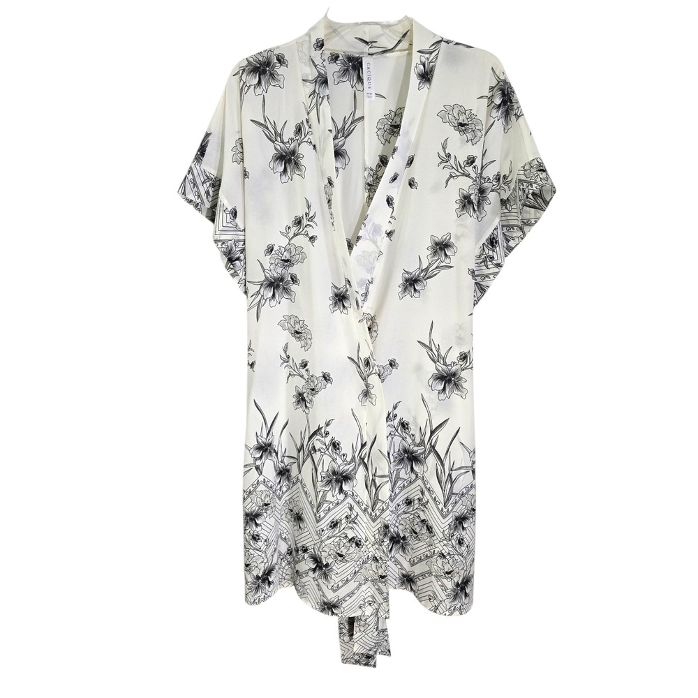 Cacique Ivory Black Floral Geometric‎ Kimono Robe Short Sleeve Tie Belt Sz 18 20